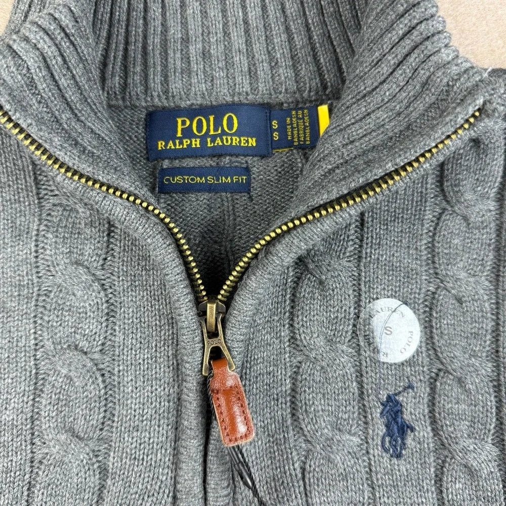 Polo Ralph Lauren Sweater Mens Small Custom‎ Slim Fit Gray Cable Knit 1/4 Zip